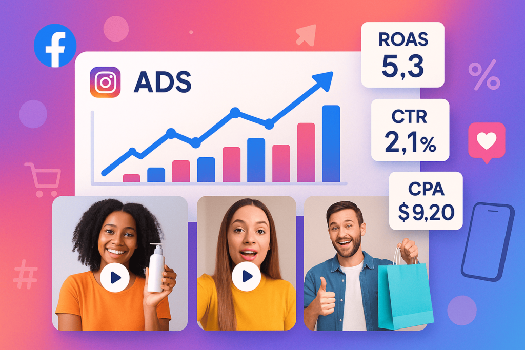"Hero image showing UGC Facebook ads, campaign performance metrics, and e-commerce ad scaling strategy for Meta platforms"